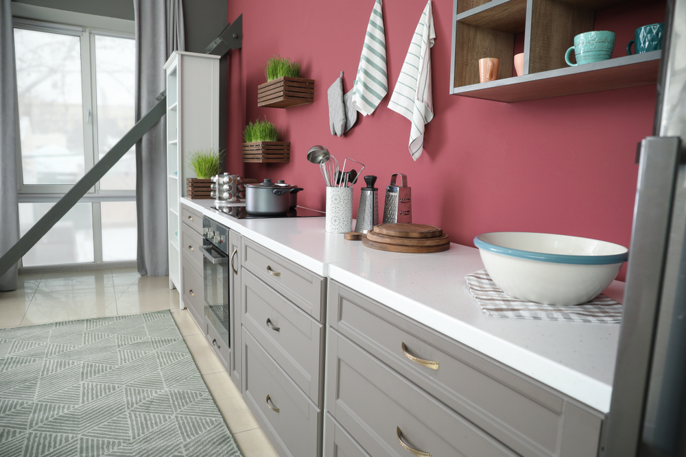 red and gray two tone kitchen